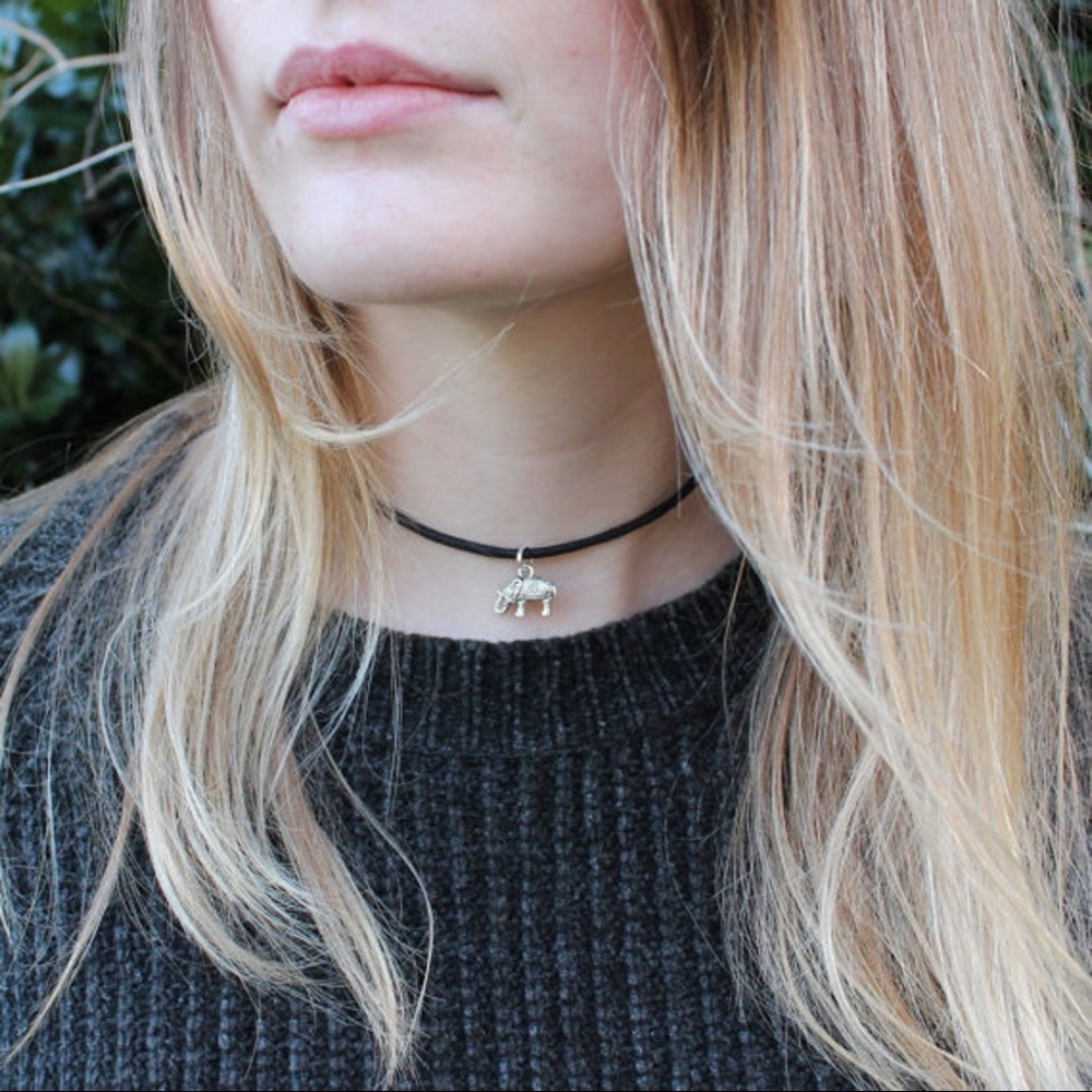 Silver Boho Elephant Charm Adjustable Cord Choker